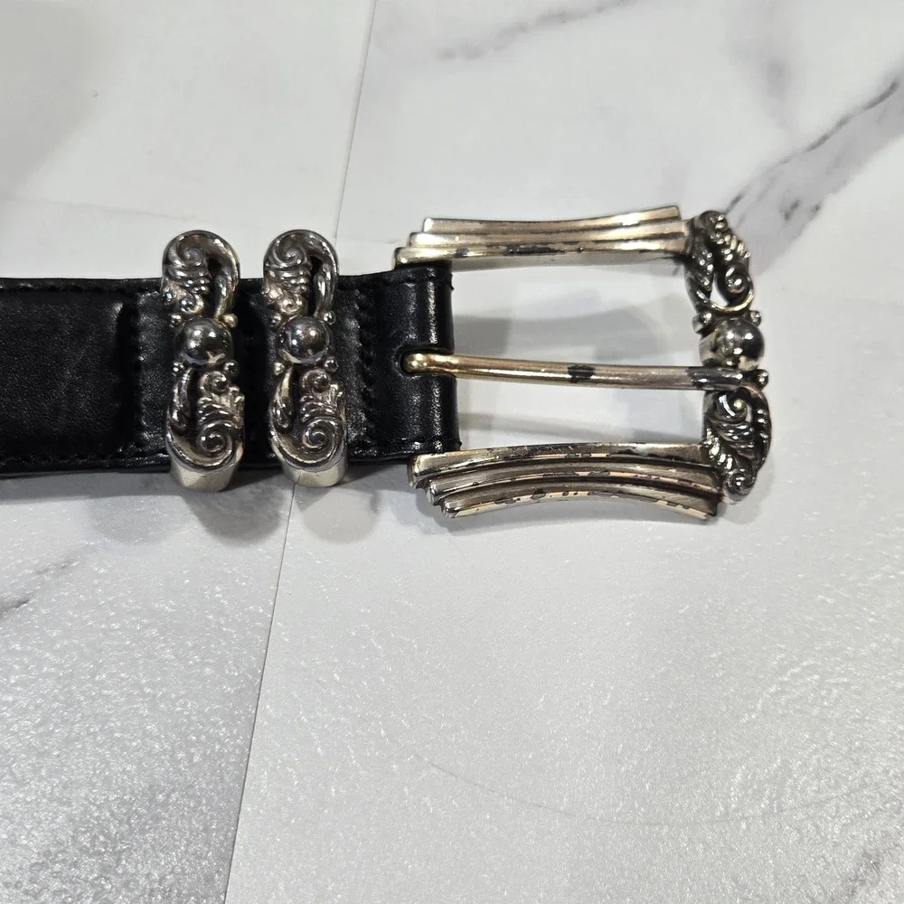 Vintage Brighton Woven Leather Belt Womens 34 Black Silver Ornate Buckle 97083